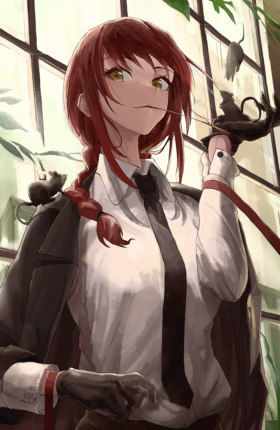 1girl, bangs, black_necktie, braid, braided_ponytail, breasts, chainsaw_man, collared_shirt