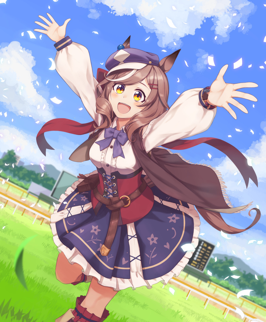 absurdres, animal_ears, belt_pouch, blurry, blurry_background, blush, bow, breasts