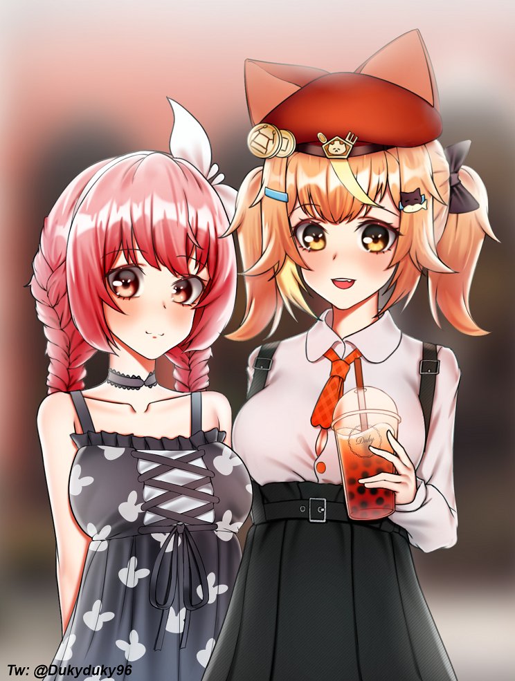 2girls, akatsuki_banmai, bangs, blonde_hair, breasts, dukyduky96, fang, hibiki_duca