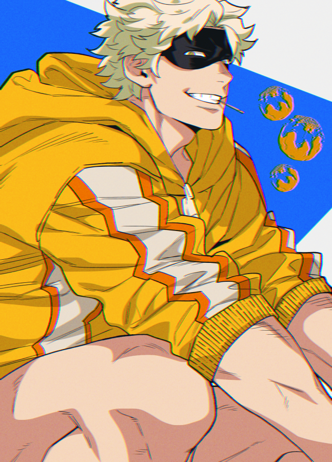 1boy, blonde_hair, boku_no_hero_academia, chopsticks, chopsticks_in_mouth, fat_gum_(boku_no_hero_academia), feet_out_of_frame, hood