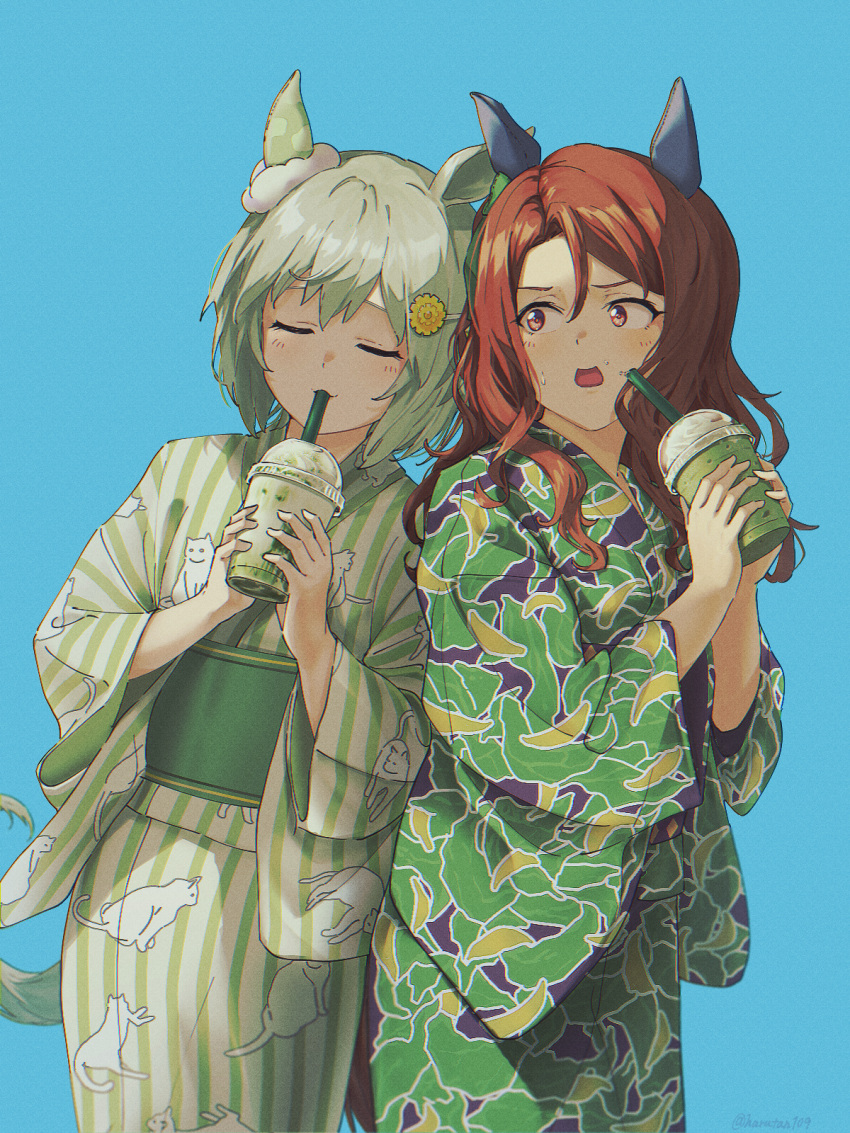 2girls, alternate_costume, animal_ears, blue_background, brown_hair, closed_eyes, cup, disposable_cup