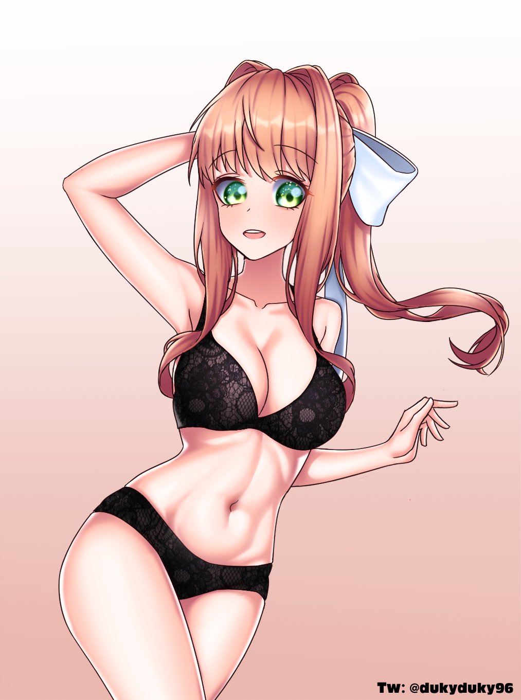 1girl, armpits, black_panties, bow, brown_hair, commentary, doki_doki_literature_club, dukyduky96, english_commentary, green_eyes, highres, long_hair, monika_(doki_doki_literature_club), panties, ponytail, smile, solo, thigh-highs, twitter_username, underwear, white_bow