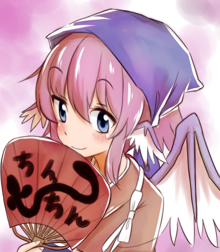 1girl, animal_ears, bird_ears, bird_wings, blue_eyes, blush, chin-chin, closed_mouth