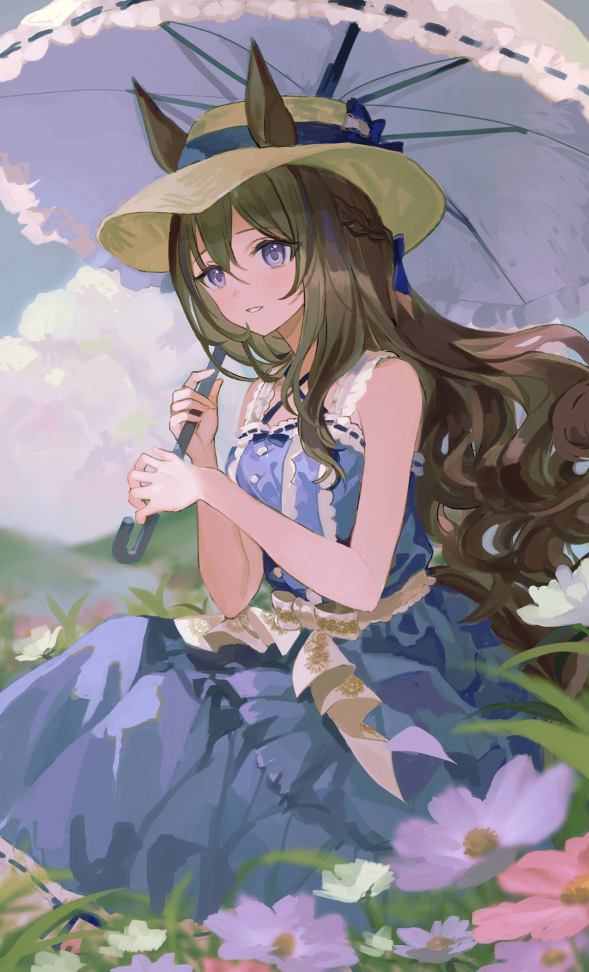 1girl, absurdres, animal_ears, bare_shoulders, blue_dress, brown_hair, dress, ears_through_headwear