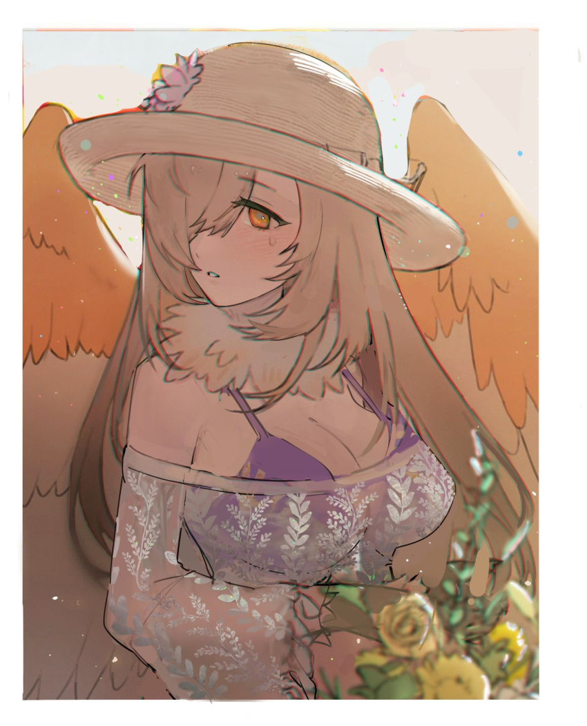 1girl, bikini, bikini_top_only, blonde_hair, border, breasts, brown_hair, chromatic_aberration