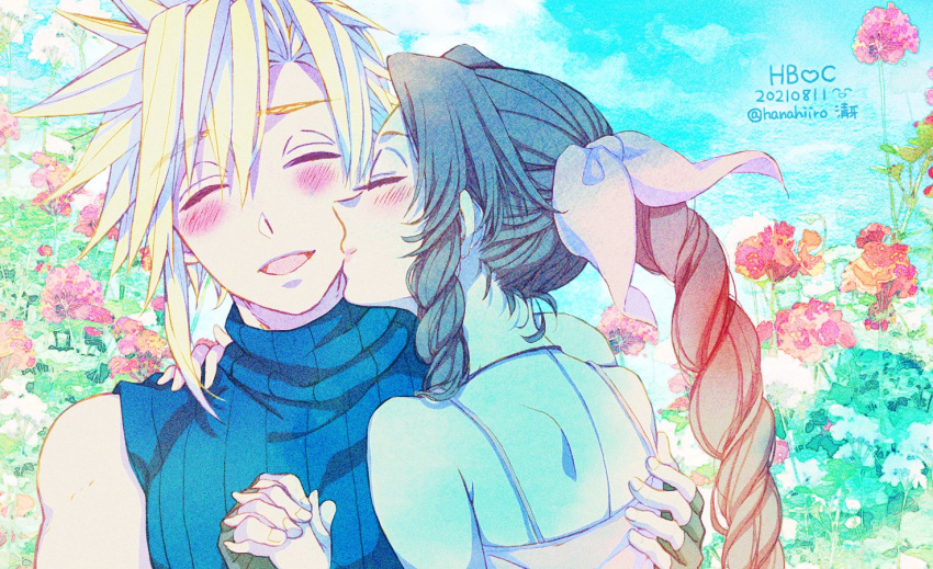 1boy, 1girl, 39cva, aerith_gainsborough, bangs, bare_arms, bare_shoulders, blonde_hair
