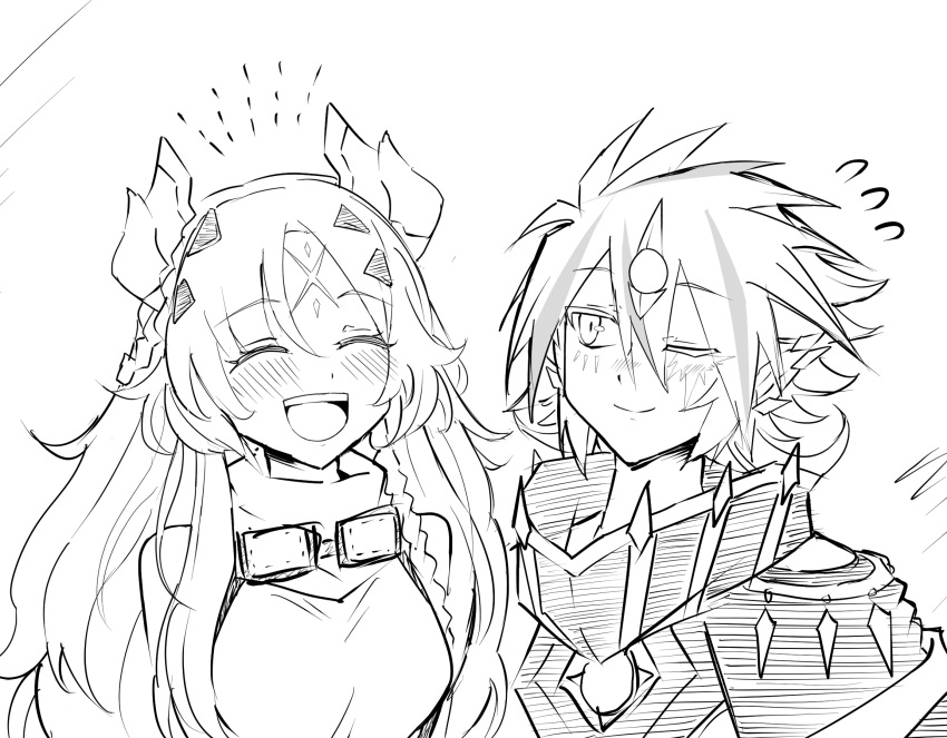 1boy, 1girl, blush, braid, closed_eyes, closed_mouth, dragon_girl, dragon_horns