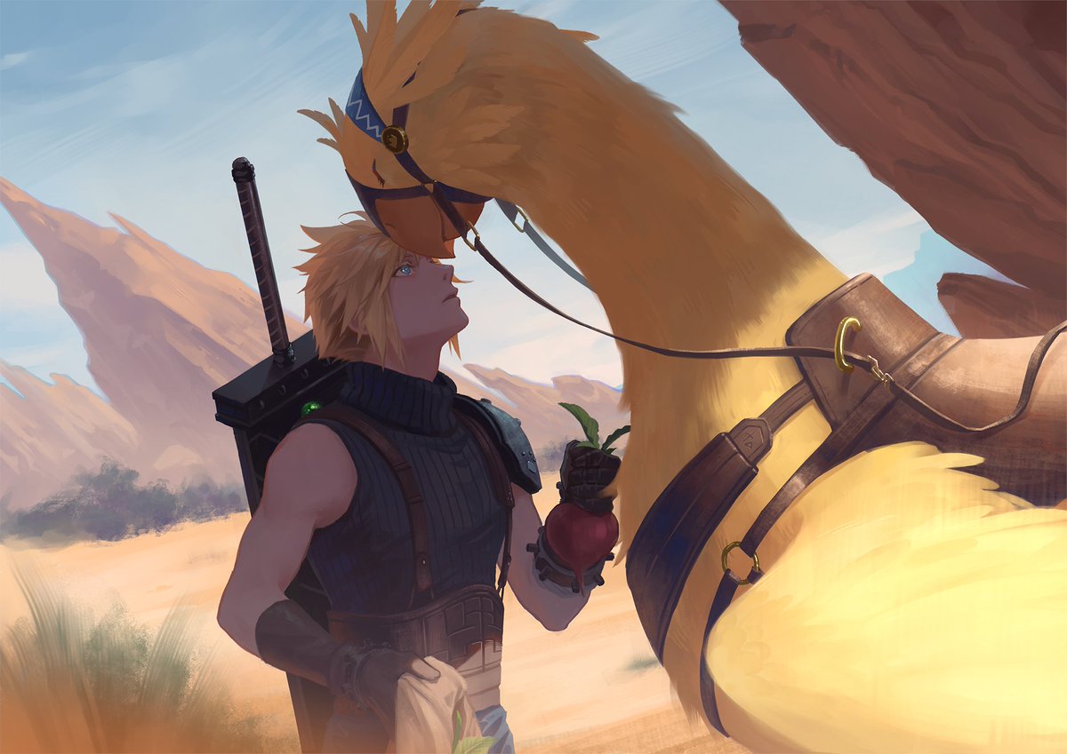 armor, bag, belt, bird, blonde_hair, blue_eyes, blue_shirt, buster_sword