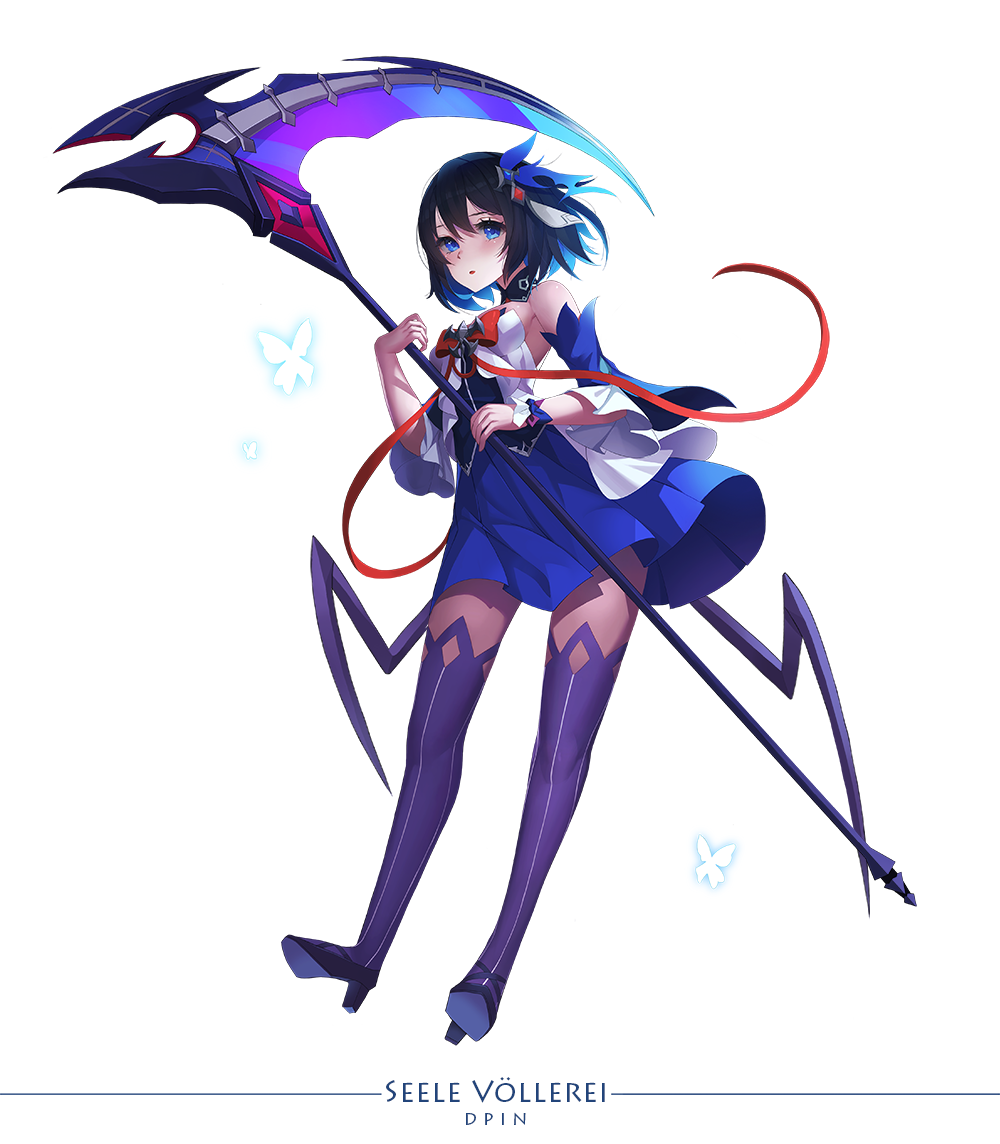 1girl, animal, bare_shoulders, black_hair, blue_eyes, blue_gemstone, blue_hair, boots