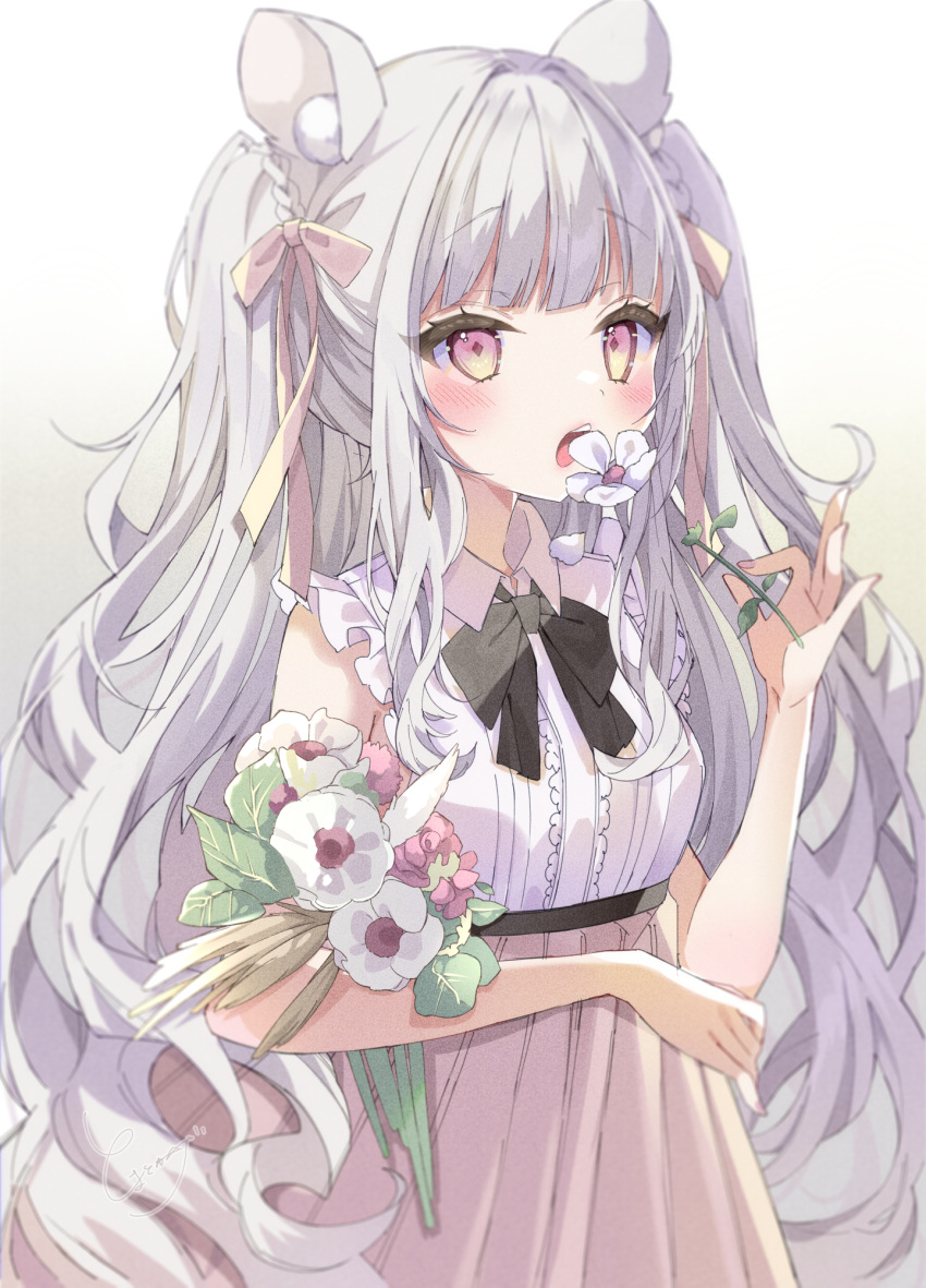 1girl, animal_ears, bouquet, flower, gradient_eyes, hair_ribbon, high-waist_skirt, highres