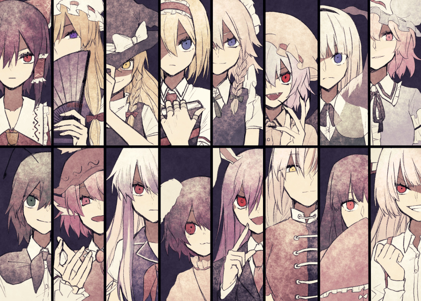 6+girls, absurdres, alice_margatroid, animal_ears, antennae, ascot, banned_artist, black_hair, black_hairband, black_headwear, black_jacket, black_nails, black_vest, blazer, blonde_hair, blue_dress, blue_eyes, blue_headwear, blue_kimono, book, bow, braid, brown_dress, brown_eyes, brown_hair, brown_headwear, closed_mouth, collared_shirt, dress, fangs, fingernails, folding_fan, frilled_kimono, frilled_sleeves, frills, fujiwara_no_mokou, green_eyes, green_hair, green_vest, grimoire_of_alice, grin, hair_between_eyes, hair_bow, hair_tubes, hairband, hakurei_reimu, hand_fan, hat, hat_bow, hat_ribbon, highres, holding, holding_book, holding_fan, houraisan_kaguya, imperishable_night, inaba_tewi, izayoi_sakuya, jacket, japanese_clothes, kamishirasawa_keine, kimono, kirisame_marisa, konpaku_youmu, konpaku_youmu_(ghost), lolita_hairband, long_fingernails, long_hair, long_sleeves, maid, maid_headdress, mob_cap, multiple_girls, mystia_lorelei, nail_polish, neckerchief, necktie, nontraditional_miko, open_mouth, pink_dress, pink_eyes, pink_hair, pink_headwear, pink_shirt, purple_hair, rabbit_ears, red_bow, red_eyes, red_hairband, red_neckerchief, red_necktie, red_ribbon, reisen_udongein_inaba, remilia_scarlet, ribbon, saigyouji_yuyuko, saki_tsurugi, shaded_face, sharp_fingernails, shirt, short_hair, short_sleeves, sidelocks, single_braid, sleeves_past_fingers, sleeves_past_wrists, smile, smirk, suspenders, touhou, twin_braids, vest, violet_eyes, white_bow, white_hair, white_headwear, white_shirt, wide_sleeves, winged_hat, witch_hat, wriggle_nightbug, yagokoro_eirin, yakumo_yukari, yellow_ascot, yellow_eyes