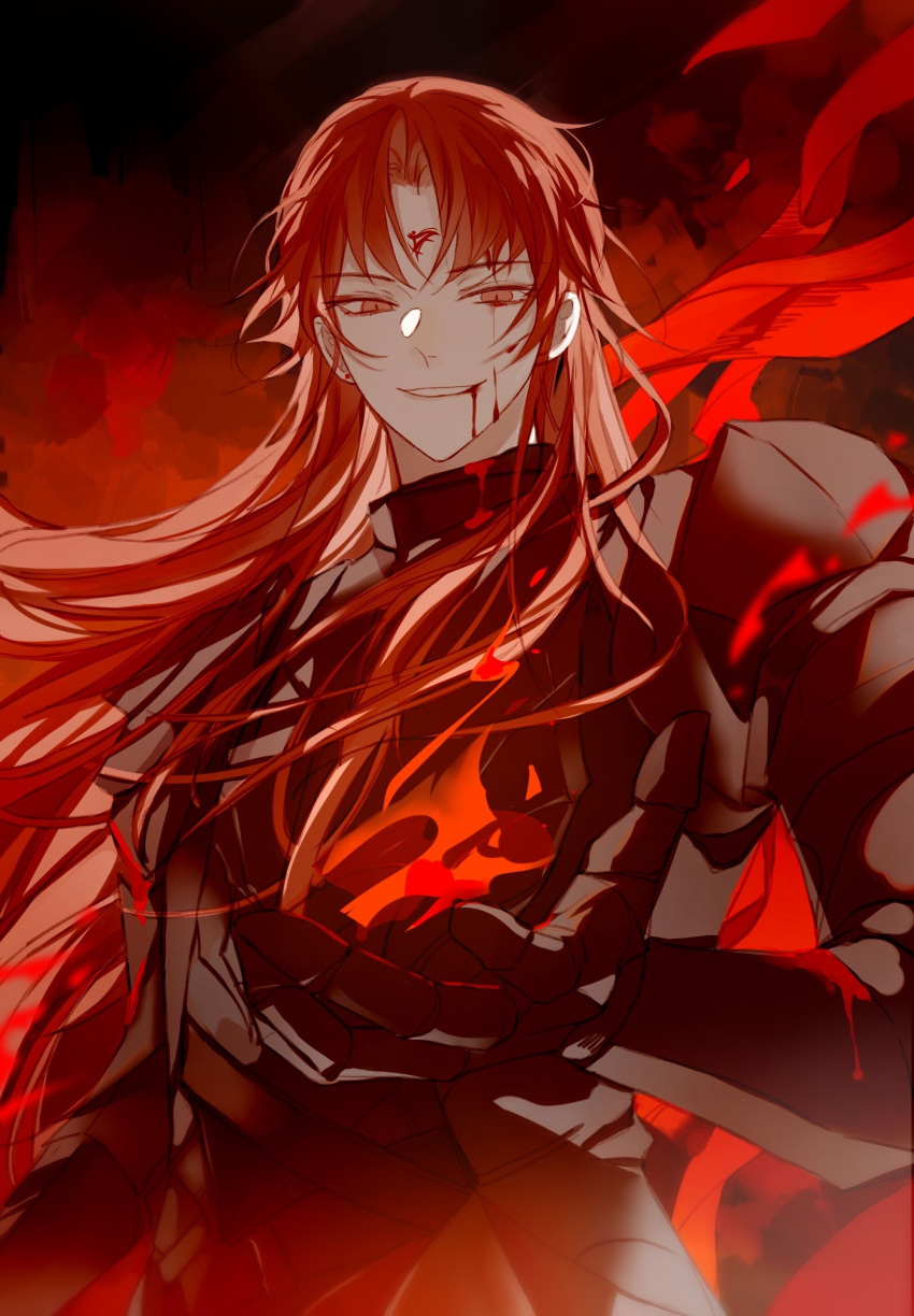 1boy, abstract_background, absurdres, angel, armor, bangs, bleeding, blood