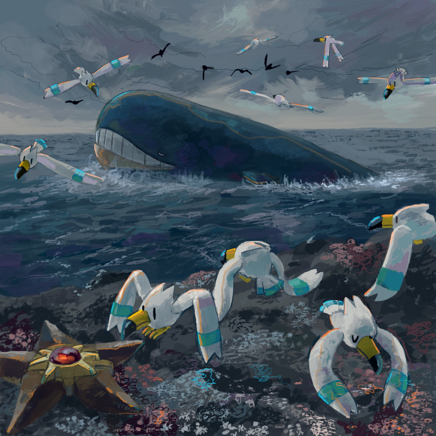 barnacle, bird, closed_eyes, clouds, cloudy_sky, commentary_request, day, flying