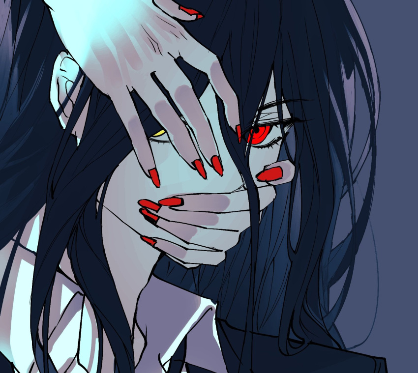 1boy, 1girl, bangs, bibon_(boileddangan), black_hair, blue_background, collared_shirt, enoshima_junko