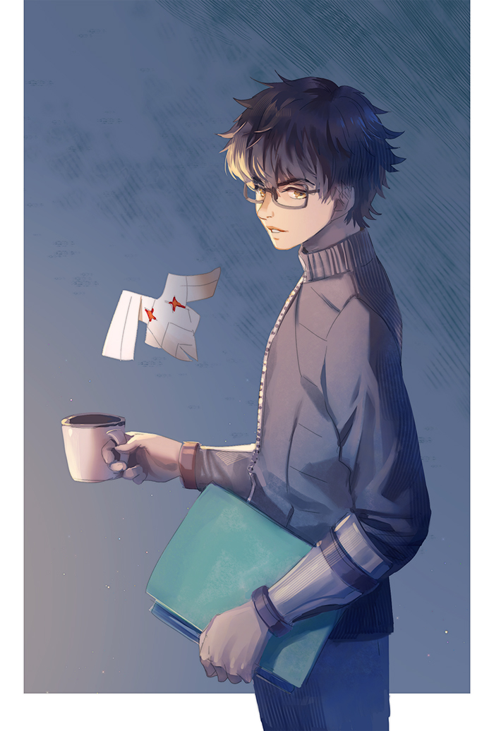 1boy, black_jacket, book, brown_eyes, brown_hair, coffee_mug, cup, glasses, heavelle, holding, holding_book, jacket, male_focus, mug, shikigami, taion_(xenoblade), xenoblade_chronicles_(series), xenoblade_chronicles_3