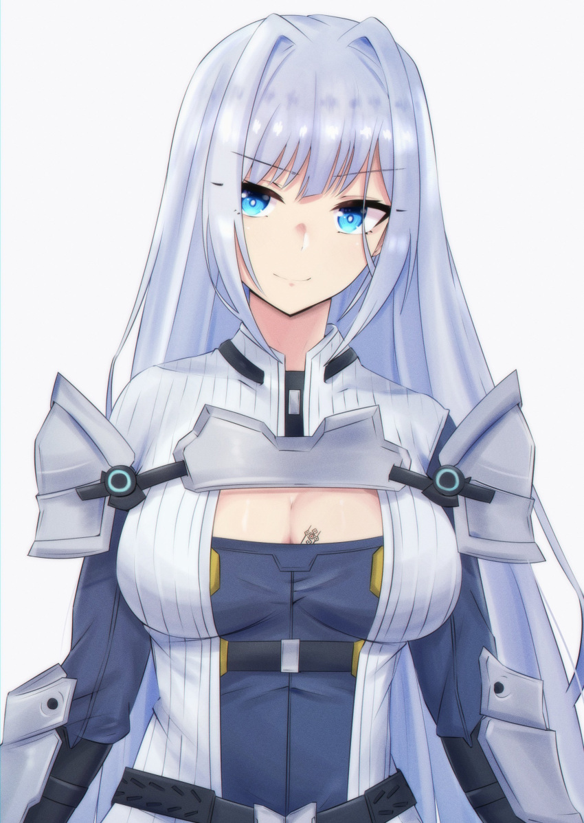 1girl, absurdres, armor, blue_eyes, breasts, chest_tattoo, cleavage_cutout, clothing_cutout