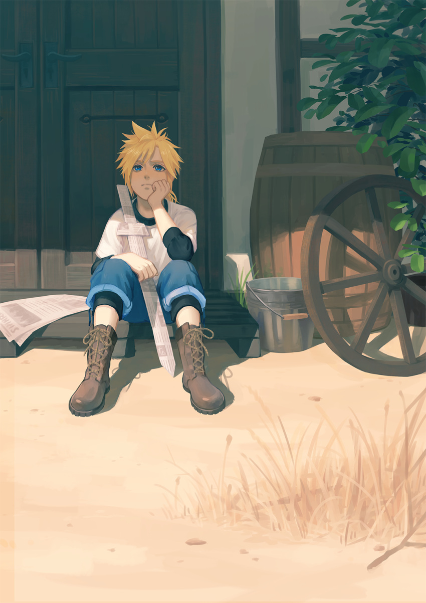1boy, black_shirt, blue_eyes, blue_shorts, boots, brown_footwear, bucket, cloud_strife