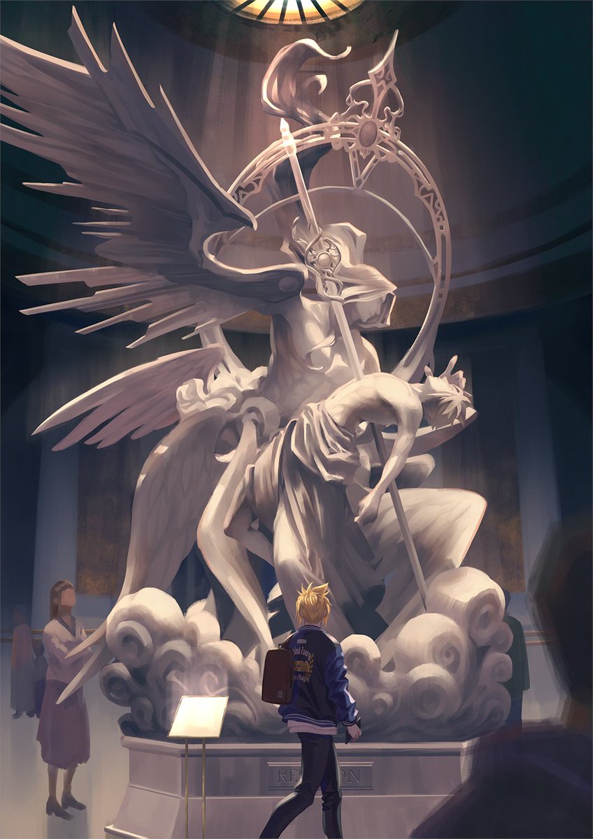 alternate_universe, architecture, bag, blonde_hair, blue_jacket, cloud_strife, facing_away, final_fantasy
