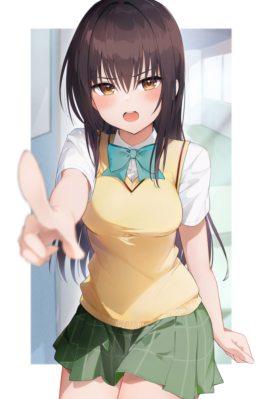 1girl, auui, bangs, black_hair, blush, bow, bowtie, breasts