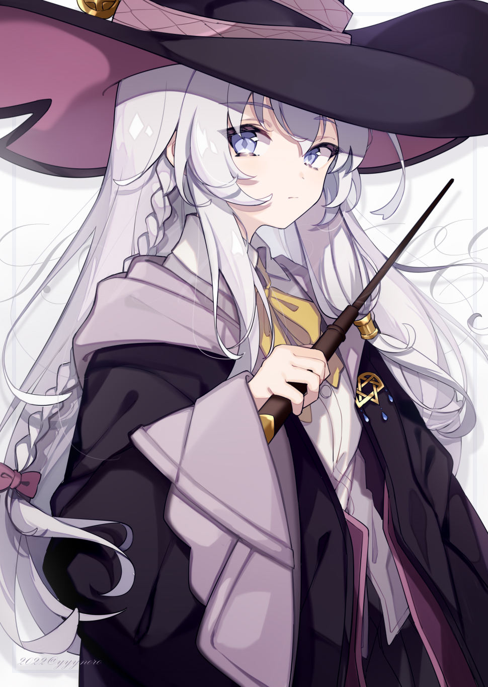 1girl, braid, captain_yue, coat, elaina_(majo_no_tabitabi), eyebrows_hidden_by_hair, french_braid, hat