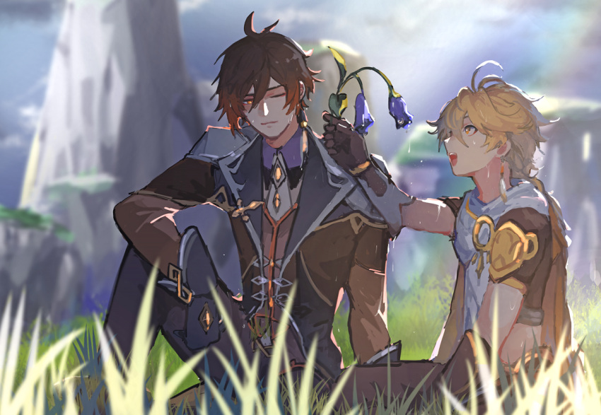 2boys, aether_(genshin_impact), bangs, black_gloves, blliqw, blonde_hair, braid, brown_hair, closed_mouth, coat, day, earrings, flower, genshin_impact, gloves, grass, hair_between_eyes, holding, holding_flower, jewelry, long_hair, long_sleeves, male_focus, mountain, multicolored_hair, multiple_boys, one_eye_closed, open_mouth, orange_eyes, orange_hair, outdoors, pants, purple_flower, rainbow, short_sleeves, single_braid, single_earring, sitting, tassel, tassel_earrings, wet, zhongli_(genshin_impact)