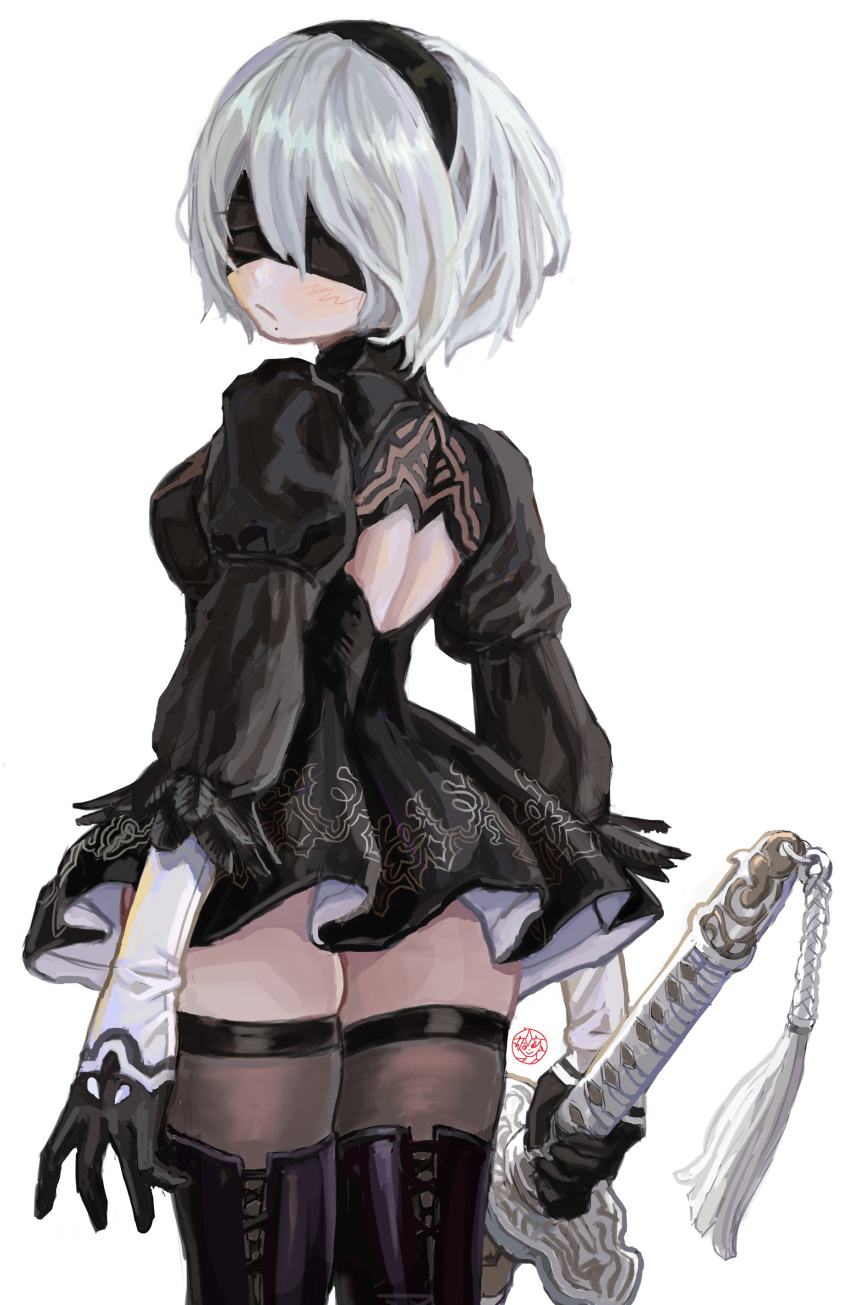 1girl, absurdres, back_cutout, black_blindfold, black_footwear, black_gloves, black_hairband, blindfold