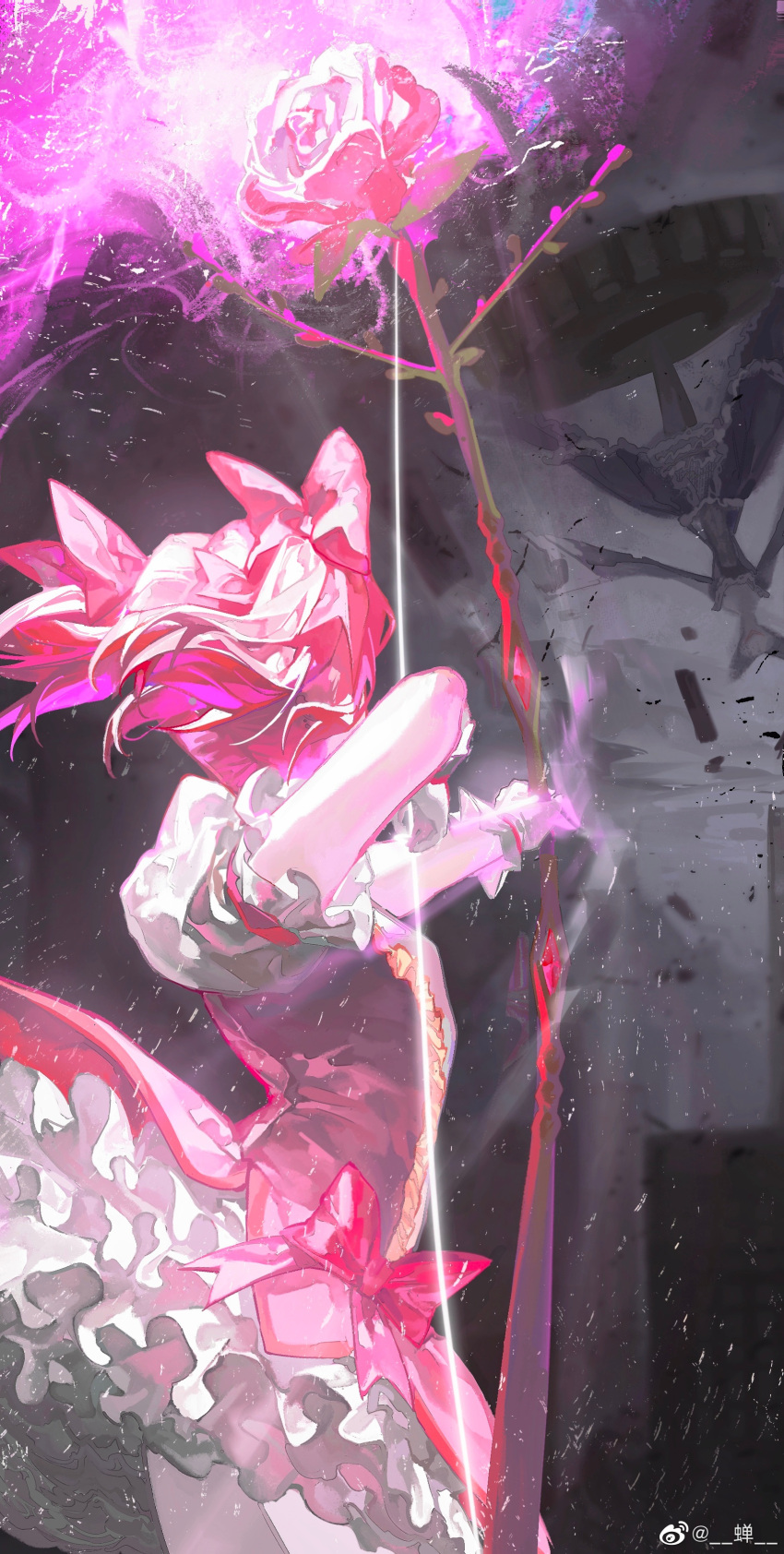 1girl, absurdres, aiming, battle, bow, bow_(weapon), bubble_skirt, building