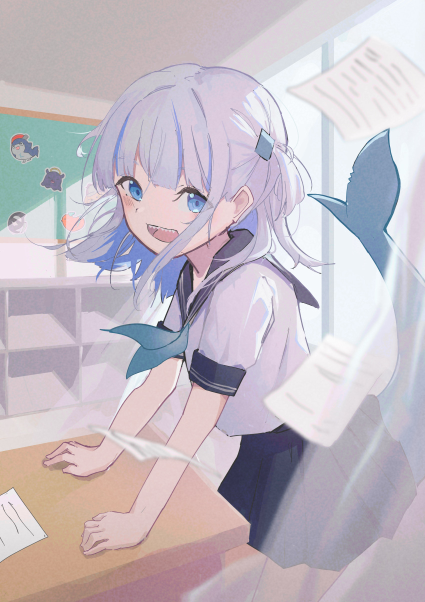 1girl, absurdres, aqua_neckerchief, blue_eyes, blue_hair, blue_sailor_collar, blue_skirt, brianlee709