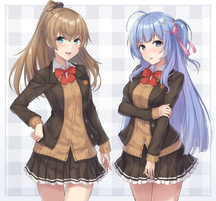 2girls, :d, ahoge, aqua_eyes, bangs, black_jacket, black_skirt, blazer, blue_eyes, blue_hair, blush, bow, brown_cardigan, brown_hair, brown_skirt, cardigan, character_request, collared_shirt, commentary_request, commission, cosplay, cowboy_shot, crossover, frilled_skirt, frills, green_eyes, hair_between_eyes, hair_ornament, hair_ribbon, hairclip, highres, jacket, kantai_collection, kumano_(kancolle), kumano_(kancolle)_(cosplay), kumano_kai_ni_(kancolle), long_hair, long_sleeves, monoku, multiple_girls, neck_ribbon, nose_blush, one_side_up, open_clothes, open_jacket, open_mouth, parted_lips, pink_ribbon, plaid, plaid_background, pleated_skirt, ponytail, red_bow, red_ribbon, ribbon, school_uniform, shirt, skeb_commission, skirt, smile, very_long_hair, virtual_youtuber, white_shirt, x_hair_ornament