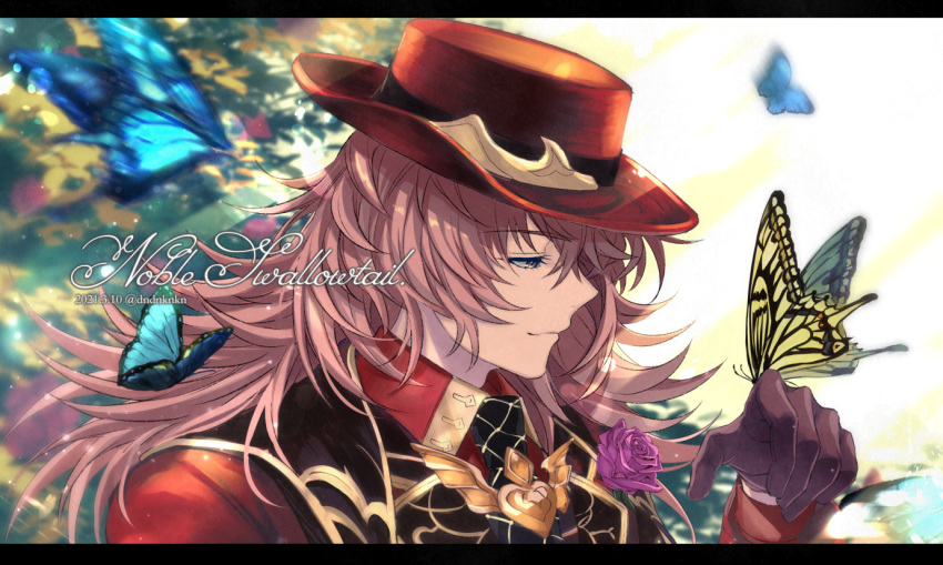1boy, black_gloves, blue_butterfly, brown_eyes, brown_hair, bug, butterfly, butterfly_on_hand, closed_mouth, dated, flower, gloves, granblue_fantasy, hat, jacket, long_hair, male_focus, nuu_(liebe_sk), official_alternate_costume, purple_flower, purple_rose, red_jacket, rose, smile, solo, twitter_username, upper_body, yellow_butterfly, yurius_(noble_swallowtail)_(granblue_fantasy), yurius_(shingeki_no_bahamut)