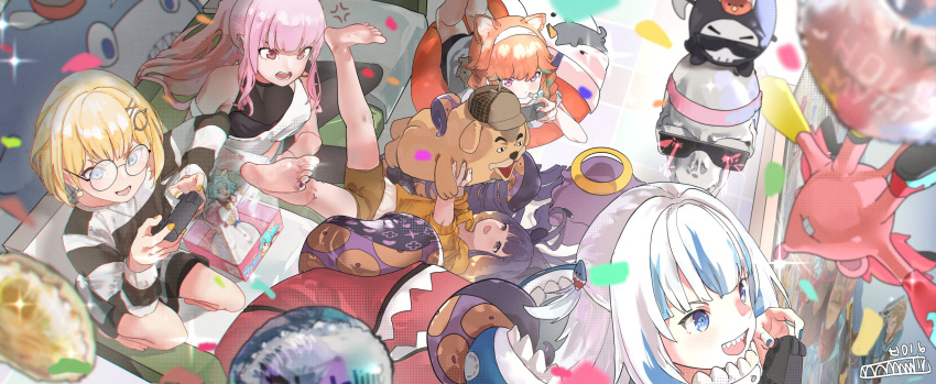 5girls, anger_vein, animal_ears, bangs, bare_shoulders, blonde_hair, bloop_(gawr_gura), blue_eyes