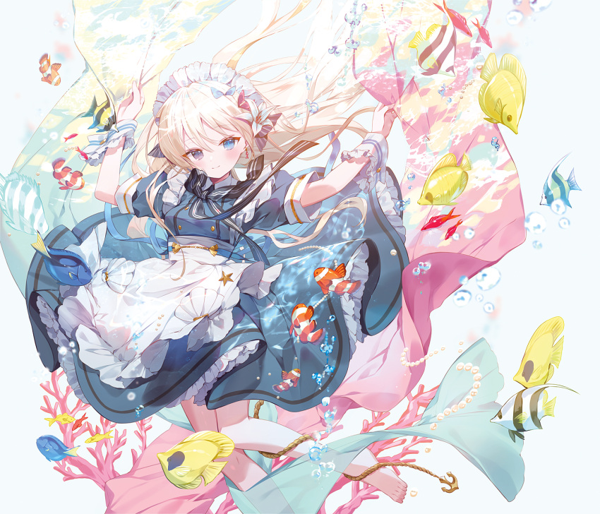 1girl, air_bubble, anchor, animal, apron, aqua_bow, arms_up, bangs