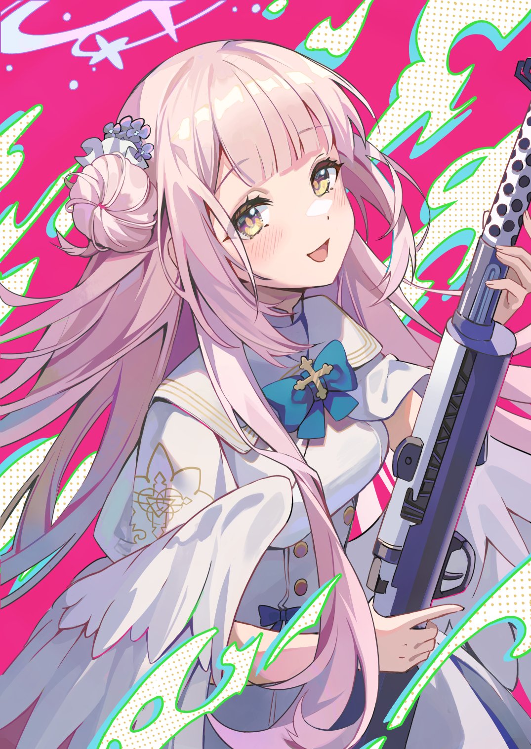 1girl, :d, angel_wings, bangs, blue_archive, blue_ribbon, blunt_bangs, blush