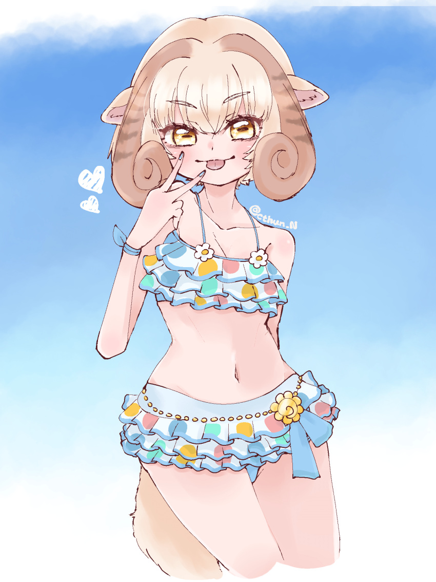 1girl, :p, alternate_costume, animal_ears, bare_shoulders, bikini, blue_bikini, commentary_request, cowboy_shot, cthun_n, frilled_bikini, frills, highres, horns, kemono_friends, looking_at_viewer, midriff, navel, sheep_(kemono_friends), sheep_ears, sheep_girl, sheep_horns, sheep_tail, short_hair, solo, spaghetti_strap, swimsuit, tail, tongue, tongue_out, v, white_hair, yellow_eyes