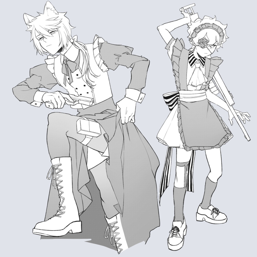 2boys, :/, :|, alternate_costume, animal_ears, apron, arm_up, ascot