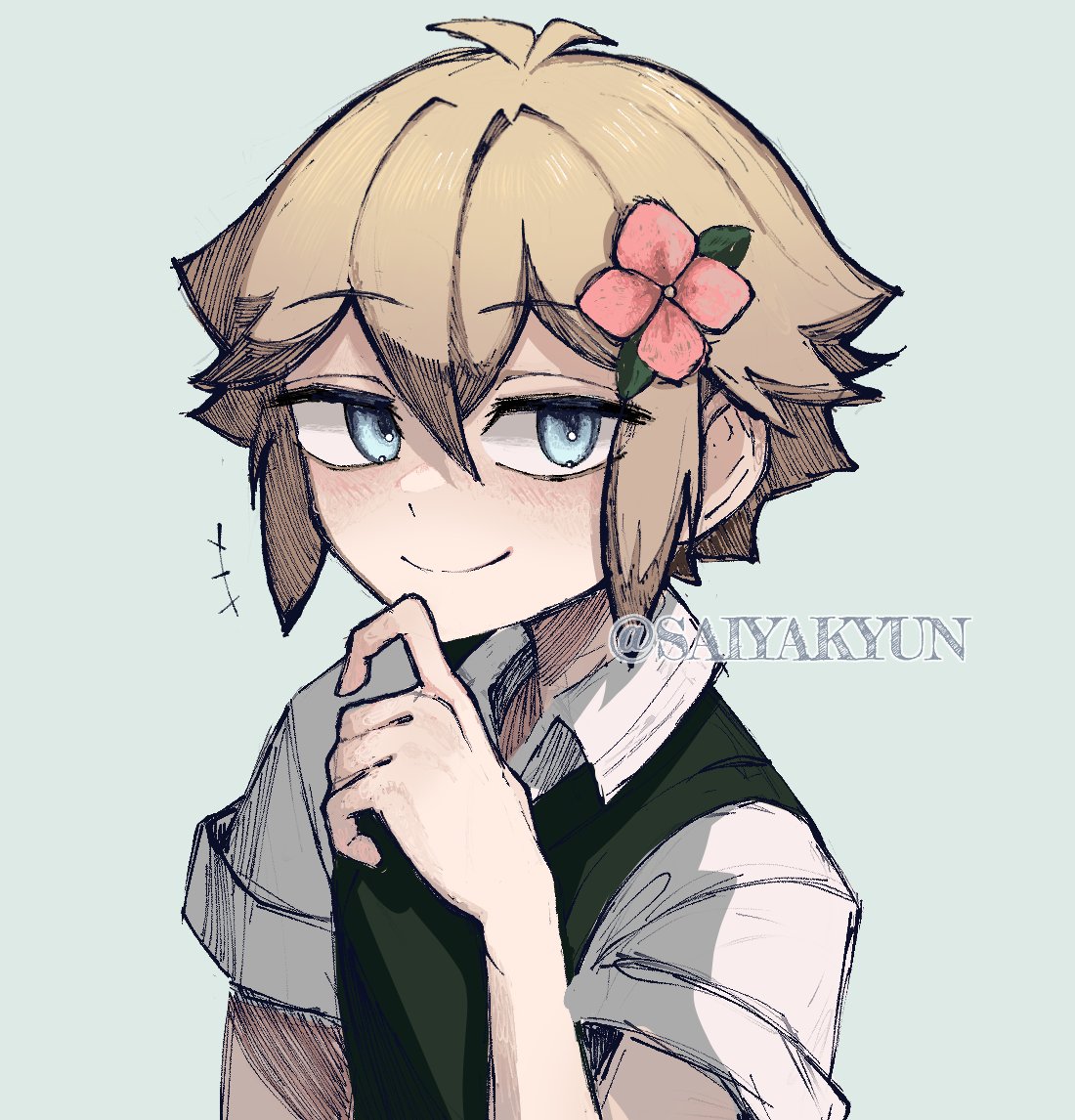 1boy, artist_name, basil_(omori), blonde_hair, blue_eyes, blush, closed_mouth, collared_shirt