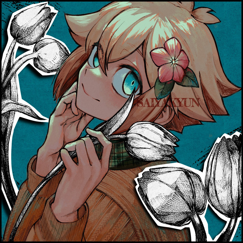 1boy, artist_name, basil_(omori), blonde_hair, blue_background, blue_eyes, closed_mouth, flower, hair_flower, hair_ornament, highres, holding, holding_flower, long_sleeves, looking_at_viewer, omori, saiyakyun, short_hair, solo, upper_body