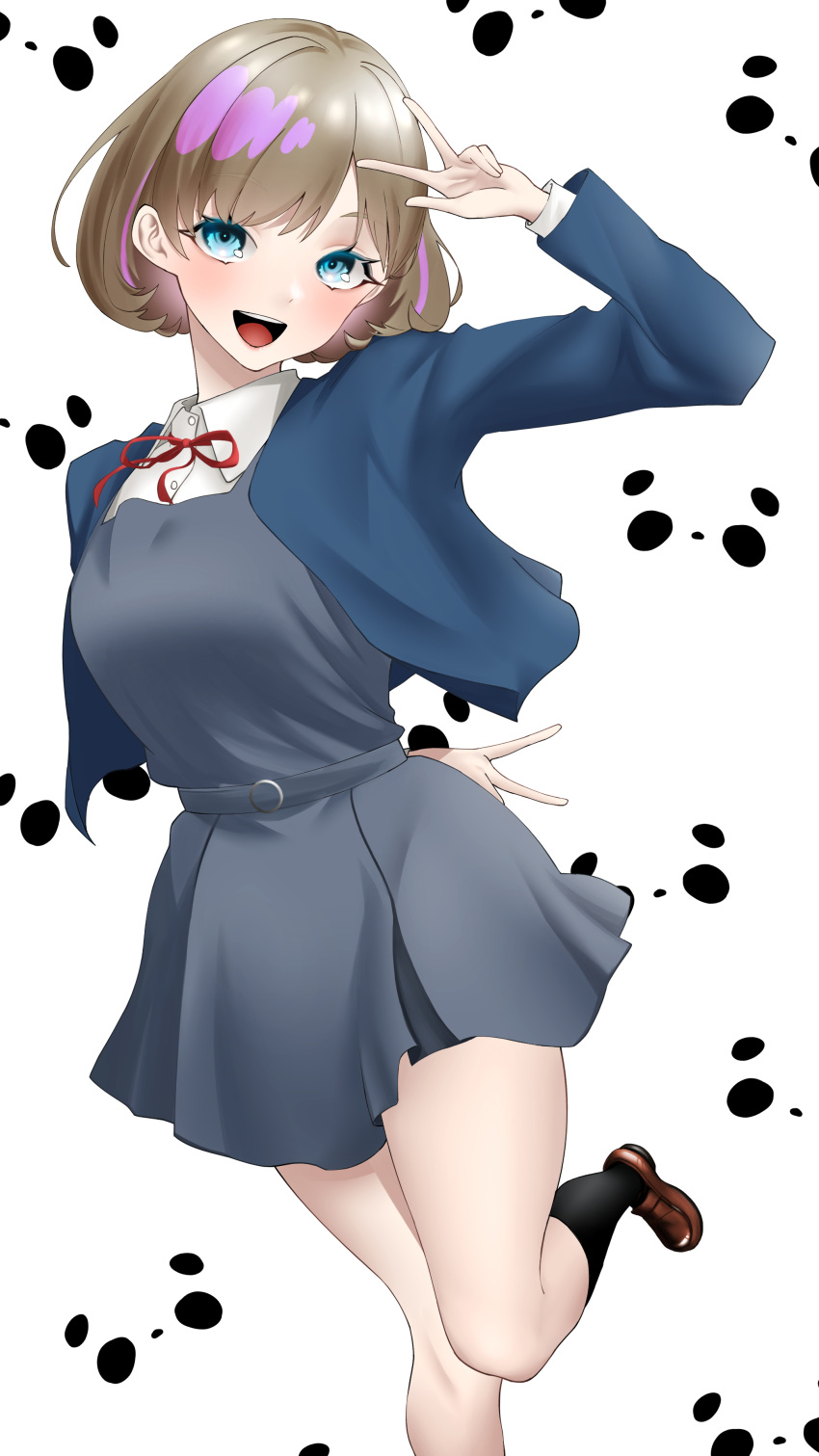 1girl, absurdres, arm_behind_back, arm_up, black_socks, blue_eyes, brown_footwear, brown_hair, double_w, eyelashes, highres, leg_up, long_eyelashes, love_live!, love_live!_superstar!!, multicolored_hair, open_mouth, pink_lips, purple_hair, red_ribbon, ribbon, short_hair, socks, solo, streaked_hair, tang_keke, teeth, tongue, upper_teeth, w, xakn4874