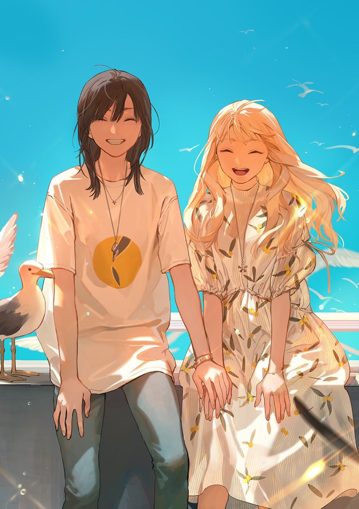 2girls, bird, black_hair, blonde_hair, casual, closed_eyes, dress, floral_print