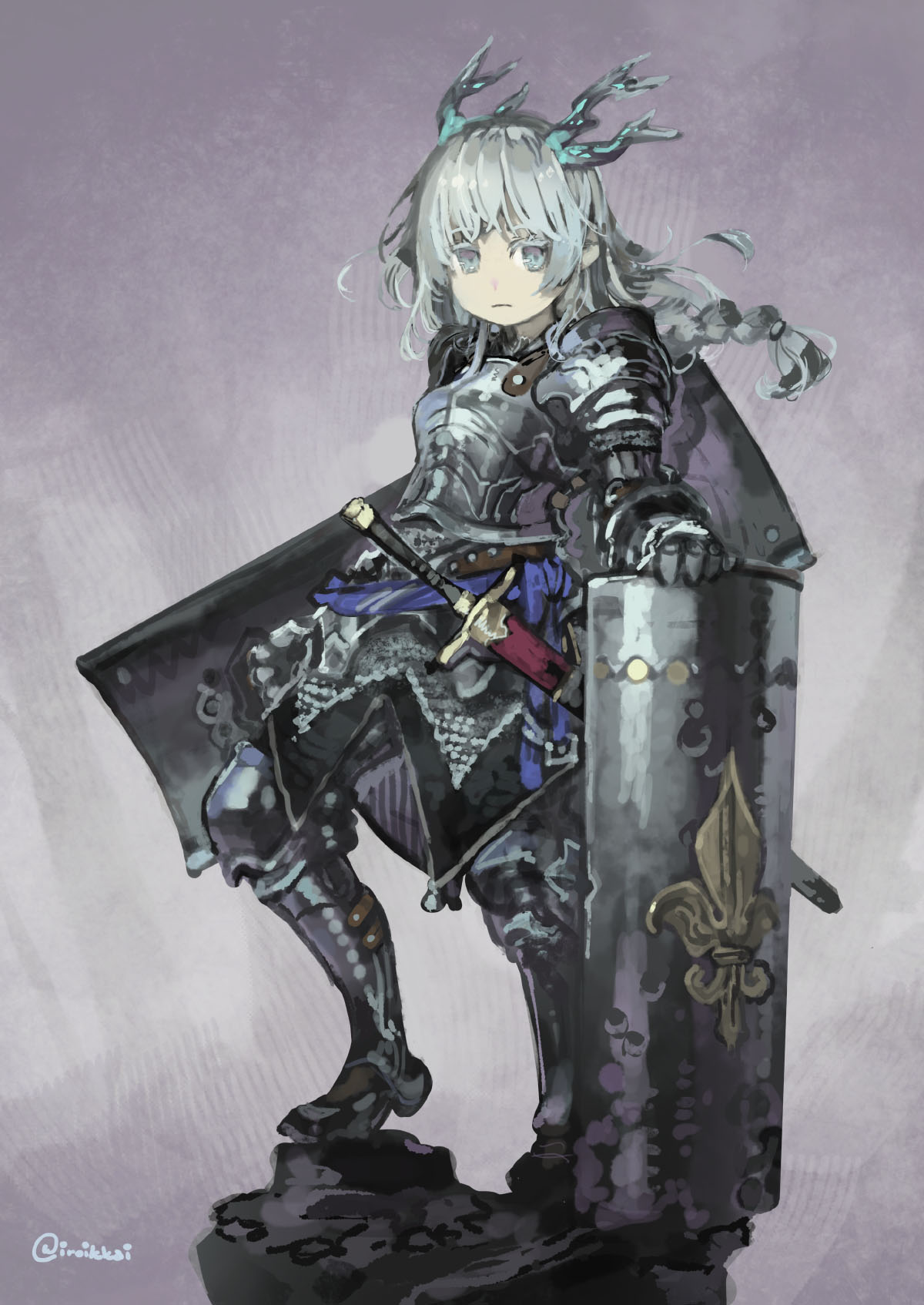 1girl, armor, armored_boots, boots, braid, breastplate, colored_eyelashes, commentary_request