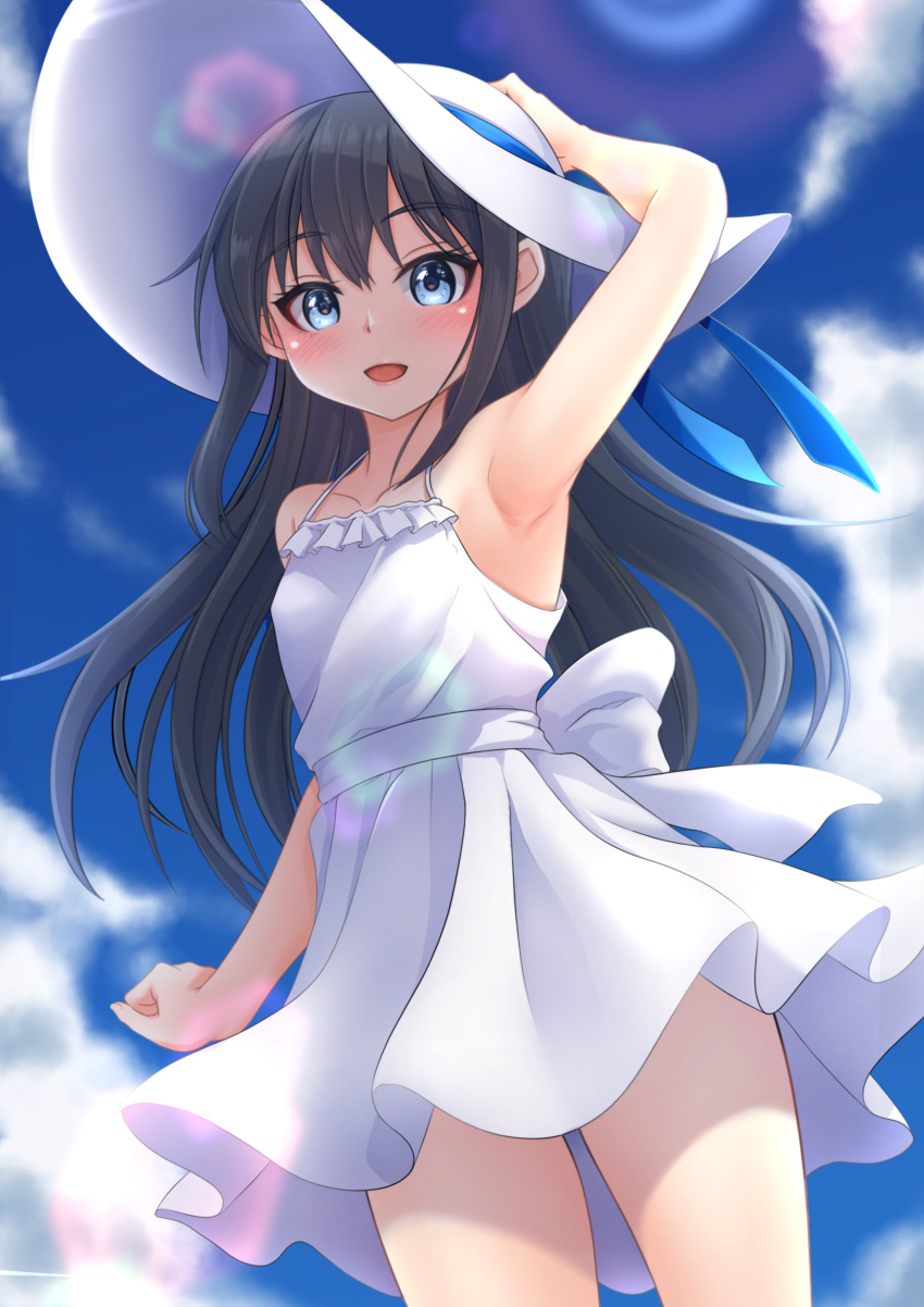 1girl, absurdres, alternate_costume, asashio_(kancolle), black_hair, blue_eyes, blue_sky, clouds, day, dress, hair_between_eyes, hand_on_headwear, hat, highres, kantai_collection, long_hair, makura_(y_makura), outdoors, sky, sleeveless, sleeveless_dress, smile, solo, spaghetti_strap, sun_hat, sundress, white_dress