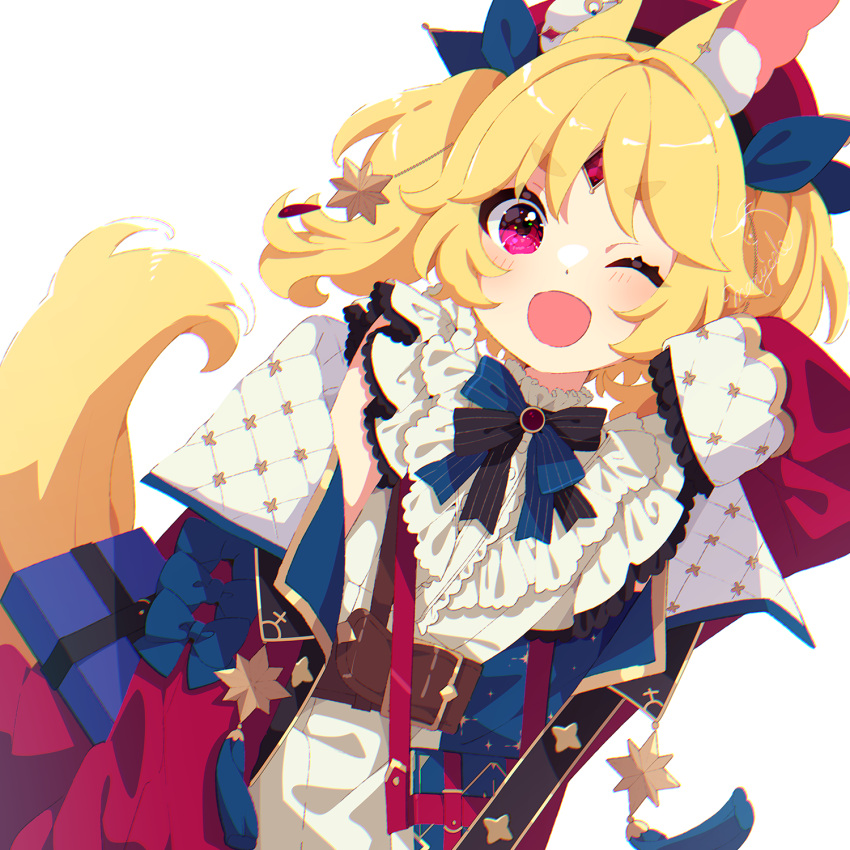 1girl, ;d, aldin_nicola, animal_ear_fluff, animal_ears, belt, belt_buckle, beret