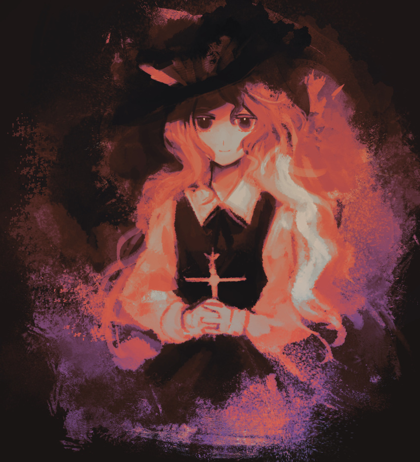 1girl, bangs, black_headwear, black_skirt, black_vest, closed_mouth, collared_shirt, commentary_request, cowboy_shot, cross, highres, holding, holding_cross, jacket_girl_(dipp), koito_(bowstringsmall), latin_cross, long_hair, long_sleeves, looking_at_viewer, monochrome, own_hands_clasped, own_hands_together, sepia, shirt, skirt, smile, solo, touhou, vest, white_shirt
