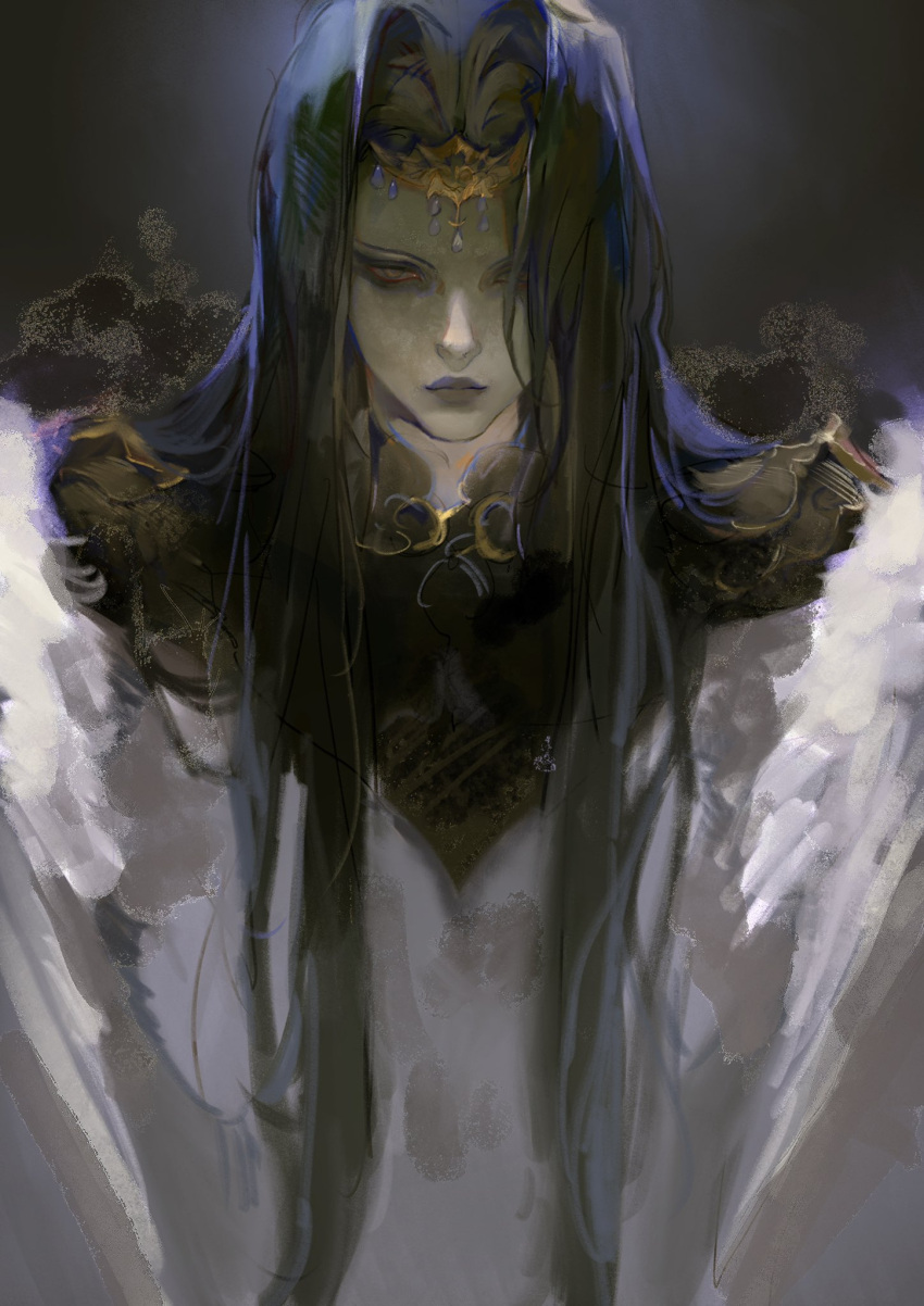 1girl, androgynous, black_hair, circlet, collar, colored_skin, commentary, english_commentary