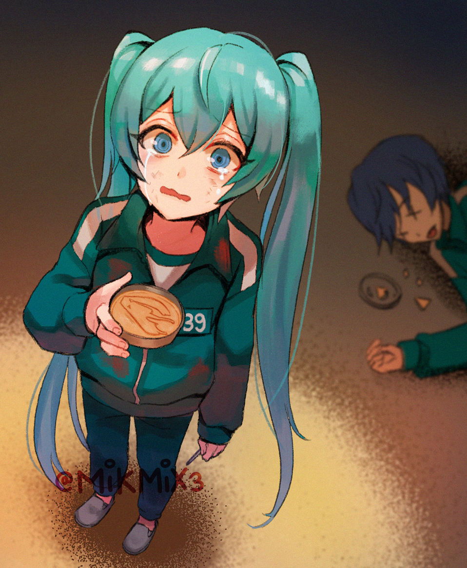 1boy, 1girl, aqua_hair, blue_eyes, blurry, blurry_background, can, candy