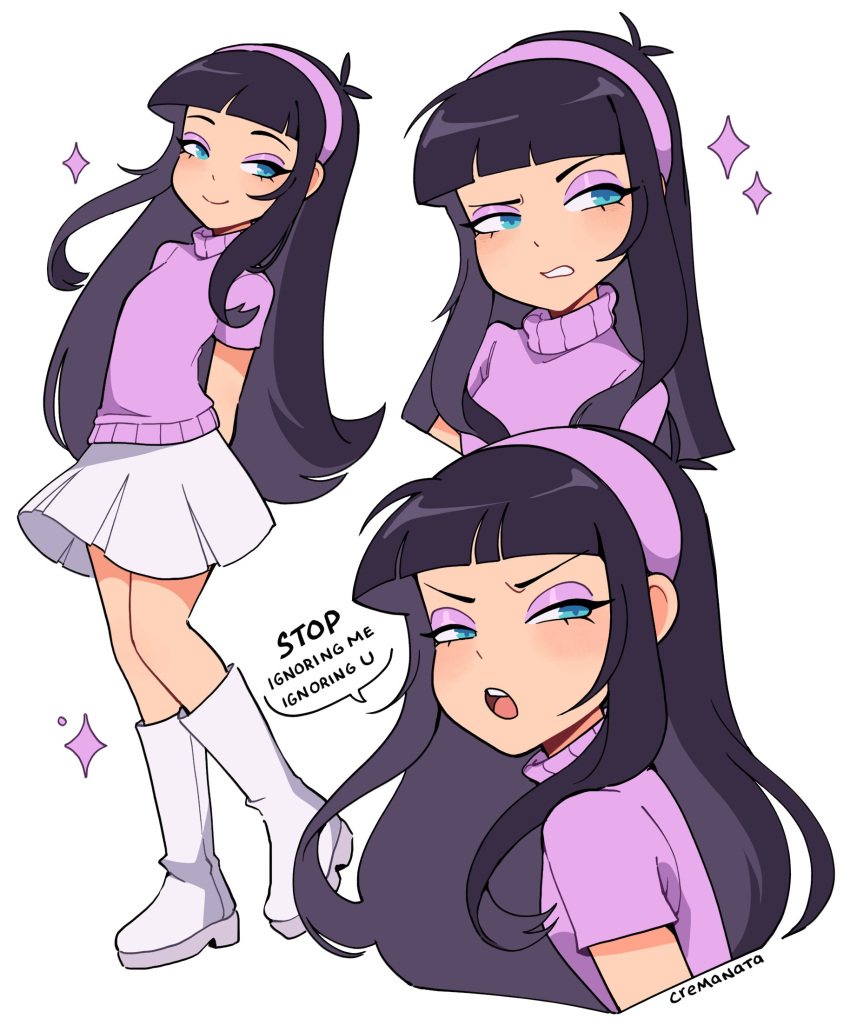 1girl, animification, aqua_footwear, cremanata, hairband, hand_on_own_chin, highres, holding, holding_leash, leash, purple_hairband, purple_sweater, simple_background, skirt, sleeveless, sleeveless_sweater, solo, stroking_own_chin, sweater, taut_clothes, taut_skirt, the_fairly_oddparents, trixie_tang, white_background, white_skirt