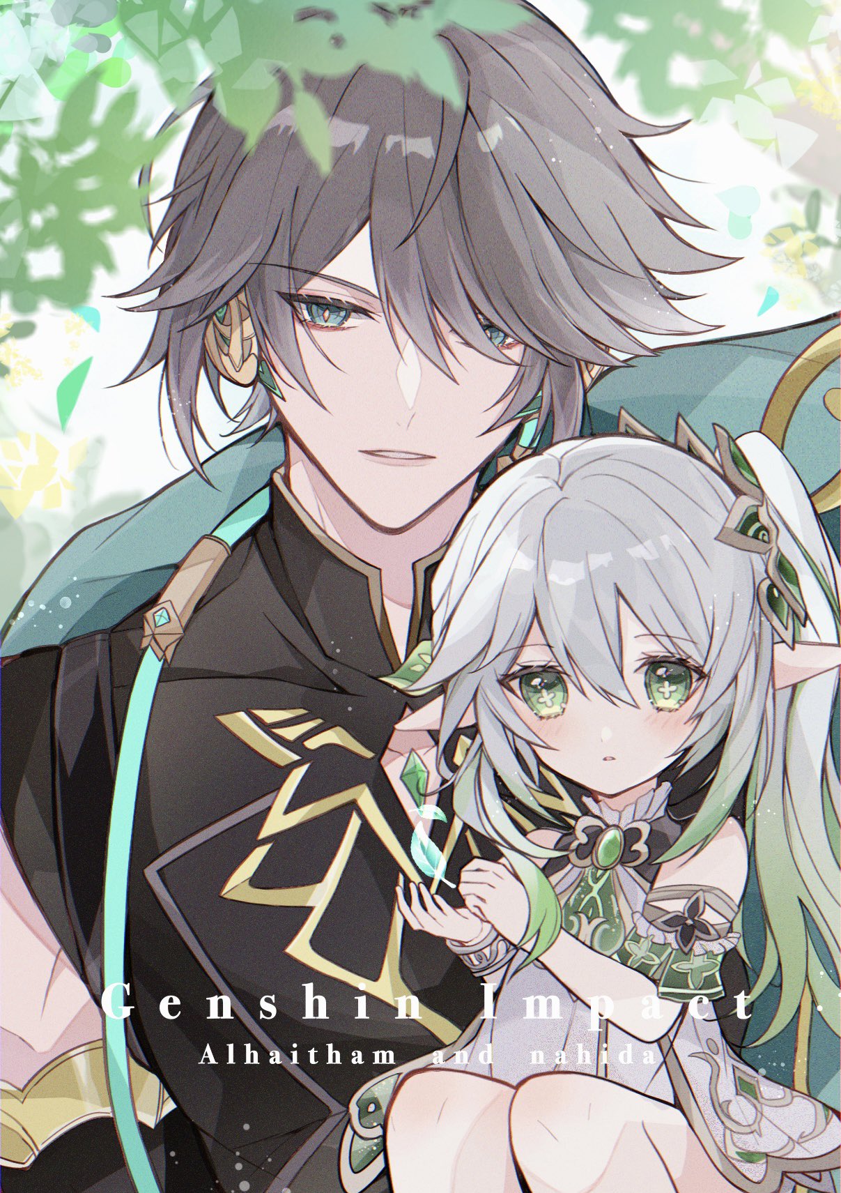 1boy, 1girl, al-haitham_(genshin_impact), aqua_eyes, bangs, blue_cape, bodysuit, cape, commentary_request, cross-shaped_pupils, detached_sleeves, dress, ekua_piyo, female_child, genshin_impact, gradient_hair, green_eyes, green_hair, green_sleeves, grey_hair, hair_ornament, headset, highres, leaf_hair_ornament, long_hair, multicolored_hair, nahida_(genshin_impact), pointy_ears, shoulder_cape, side_ponytail, white_dress, white_hair