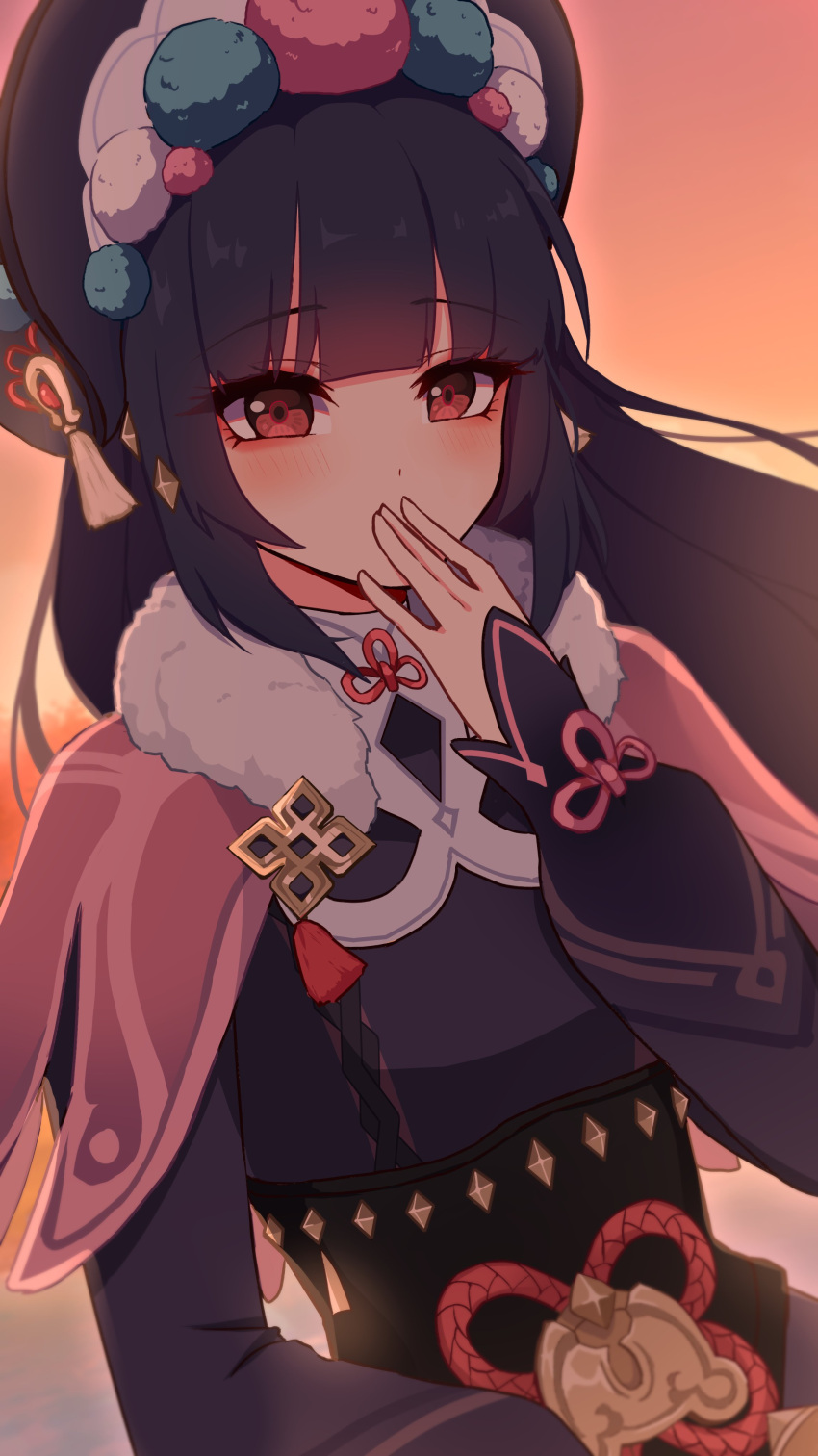 1girl, 5mi_gi, absurdres, bangs, black_hair, black_headwear, blunt_bangs, blush