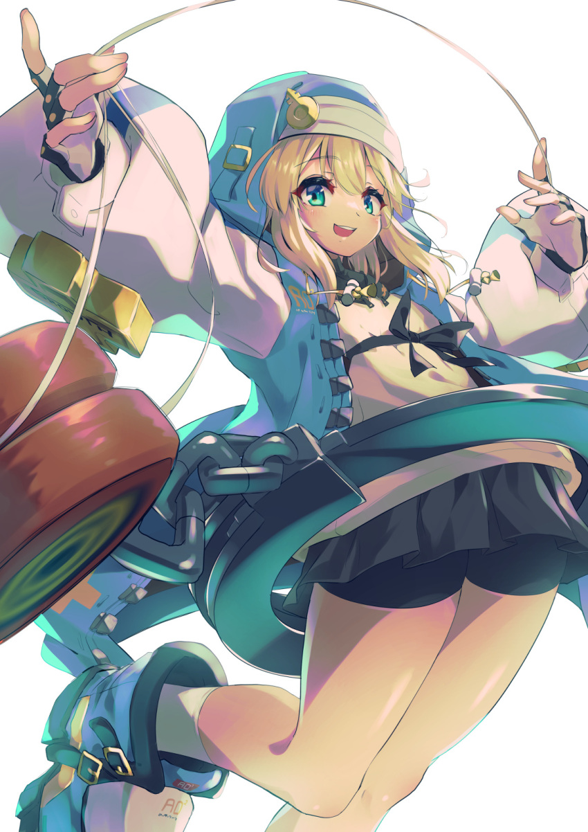 1girl, androgyne_symbol, bike_shorts, blonde_hair, blue_eyes, blush, bridget_(guilty_gear), cross, fingerless_gloves, gloves, guilty_gear, guilty_gear_strive, highres, hood, hoodie, long_hair, looking_at_viewer, simple_background, smile, solo, transgender, transgender_girl, transgender_woman, yo-yo, yupill