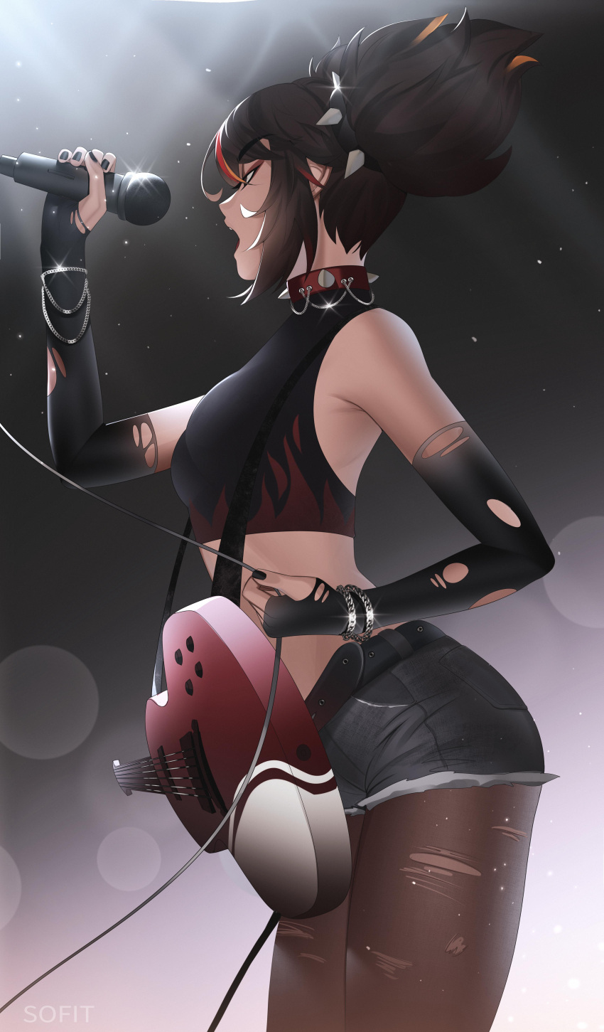 absurdres, armpits, black_hair, black_pantyhose, breasts, elbow_gloves, facing_to_the_side, genshin_impact, gloves, guitar, highres, holding, holding_instrument, holding_microphone, instrument, medium_breasts, microphone, midriff, multicolored_hair, music, open_mouth, pantyhose, redhead, shirt, short_shorts, shorts, singing, sleeveless, sleeveless_shirt, sofit, spiked, torn_clothes, torn_legwear, twintails, xinyan_(genshin_impact)